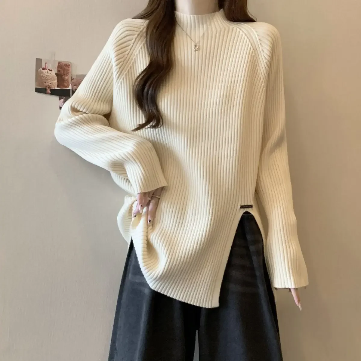 حجم كبير نصف الياقة العالية فضفاضة طويلة الأكمام المرأة قاعدة قميص الكورية نمط الدفء الشق تصميم الخريف الشتاء قمة الموضة الجديدة #5