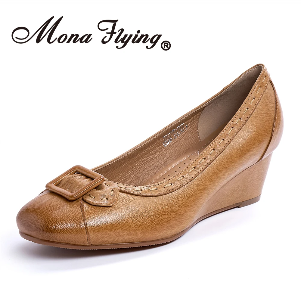 

Mona flying Women's 5 cm Wedge Shoes Genuine Leather High Heels Pumps Square Toe Office Work Dress Heel Shoes for Ladies 5007-G2