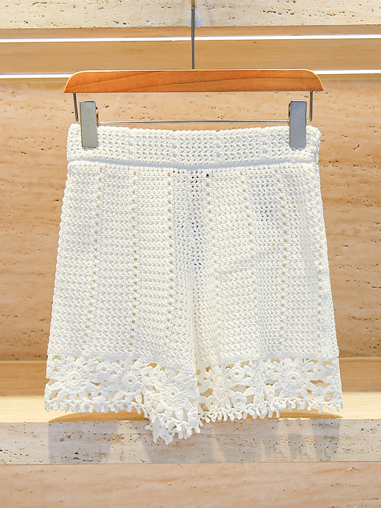 

M Home Nan You High End Women's Summer Hollow out Knitted High Waist Wide Leg orts Fraance Sle Embroidery Breathable