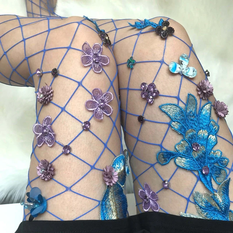 Sexy Handmade Embroidery Fish net Grid Pantyhose Socks Applique Flower Fishnets  Pantyhose Party Tights for Women Girls