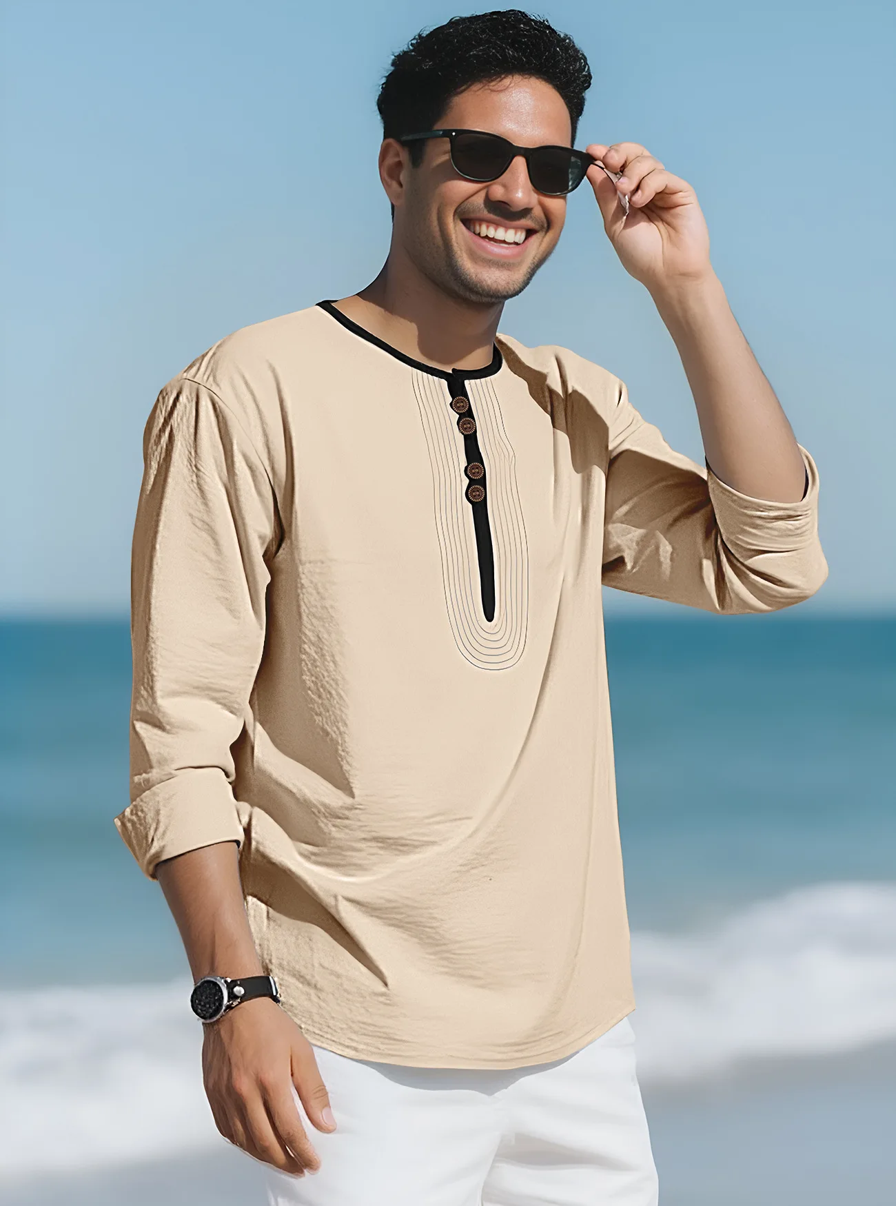 

2025 Autumn Henley Collar European American Men's Solid Color Linen Loose Casual Sports Long-Sleeved T-shirt