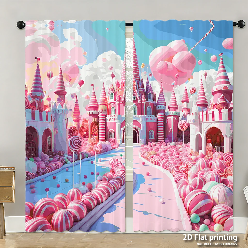 

2-piece set of high-definition digital printed curtainspink candy castle fantasy colorful cartoon styleHome decoration style