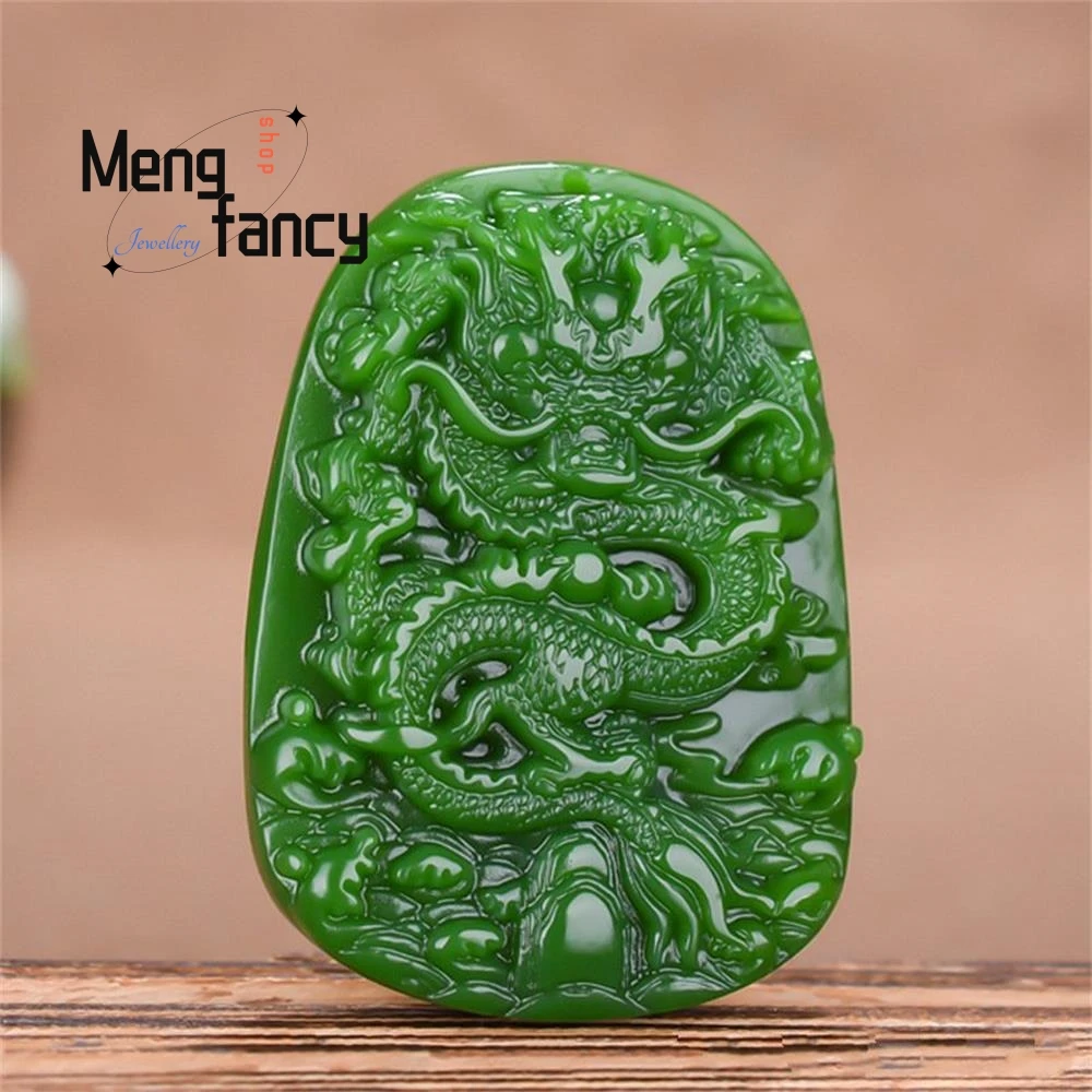 

‌Natural Hetian Jasper Spinach Green Zodiac Dragon Pendant‌ Antique Majestic Dragon Plaque for Men‌ Collectible Luxury Jewelr