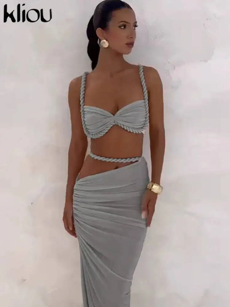 

Kliou Woven Sexy Women 2 Piece Set Stunning Hot Solid Pleated Crop Camisoles+High Waist Maxi Skirts Female Trend Vacation Outfit
