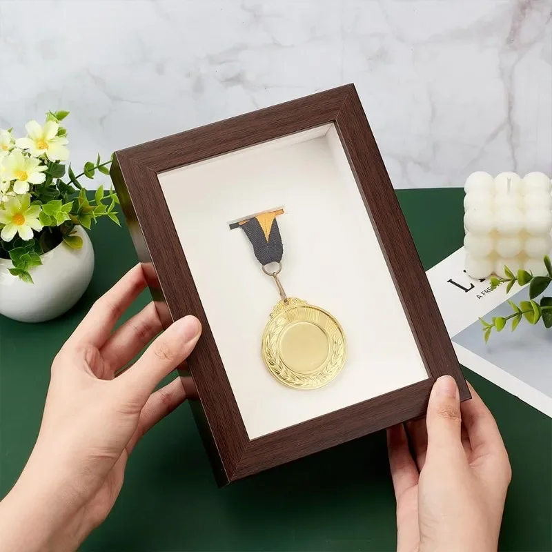 1Set Medal Display Shadow Box Coconut Brown Medal Display Case Natural Wood Photo Frames with Clear Window for Sports Medals