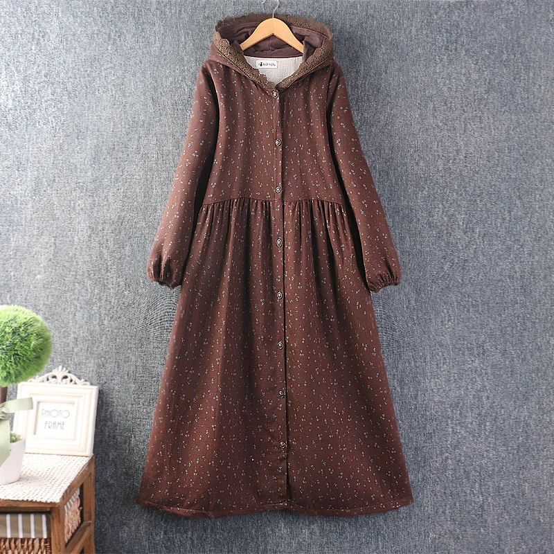 

New Vintage Hooded Long Sleeved Floral Dress Women Loose Casual Dresses Mori Girl Cotton Linen Spring Autumn Tunic Dress
