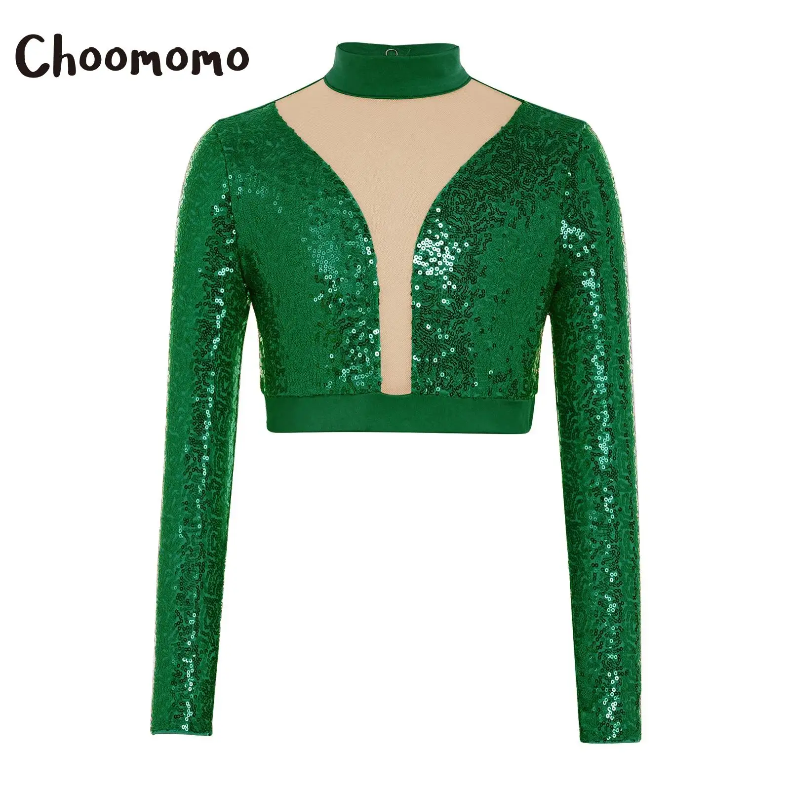 

Teen Girls Lyrical Dance Tops Long Sleeve Mesh Cutout Back Crop Tops Shiny Sequins Latin Jazz Ballet Gymnastics Skating Costume