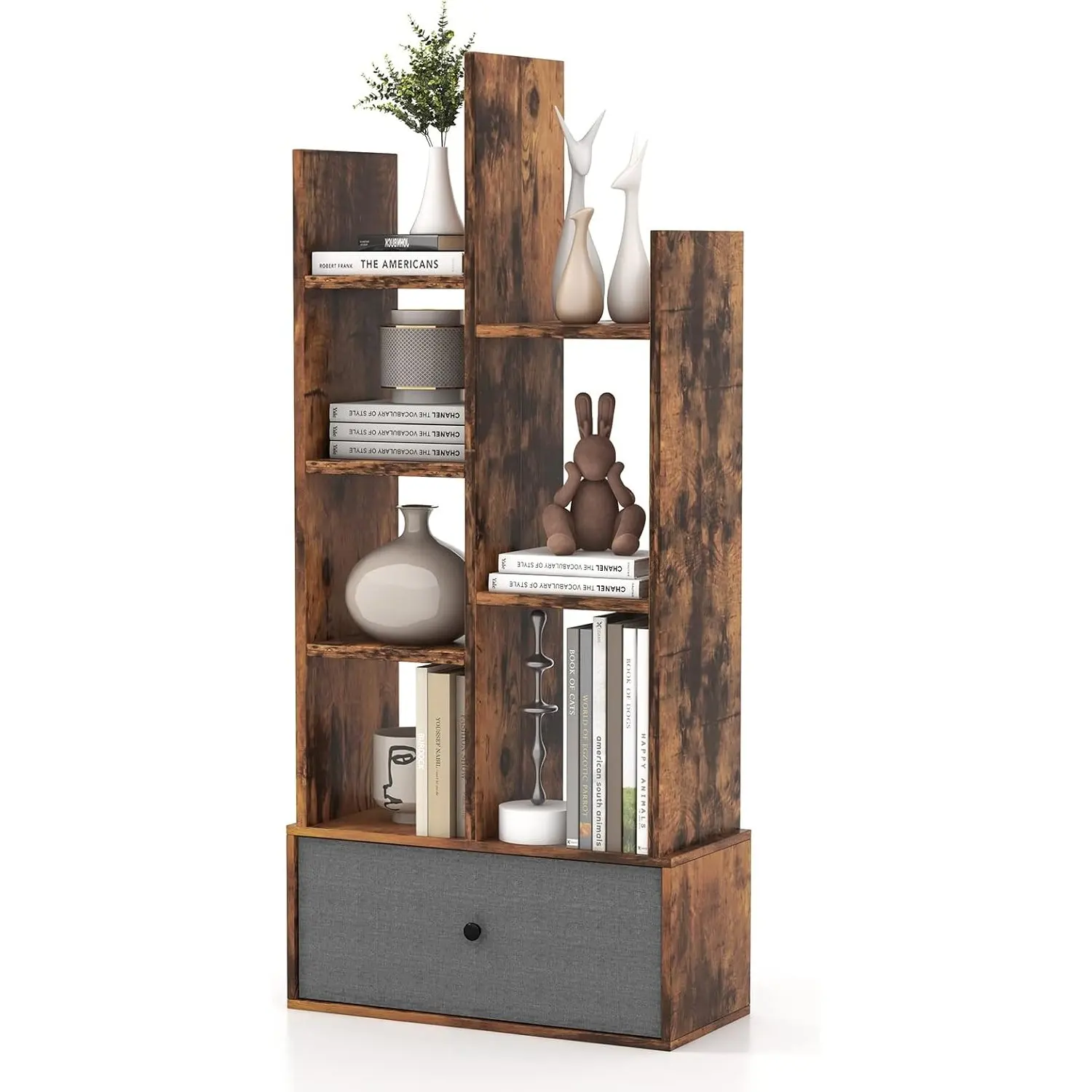 Baumförmiges Bücherregal, Stehregal mit Schublade, 7 Fächer, Aufbewahrungsregal für Wohnzimmer, Schlafzimmer, 53 x 24 x 118 cm