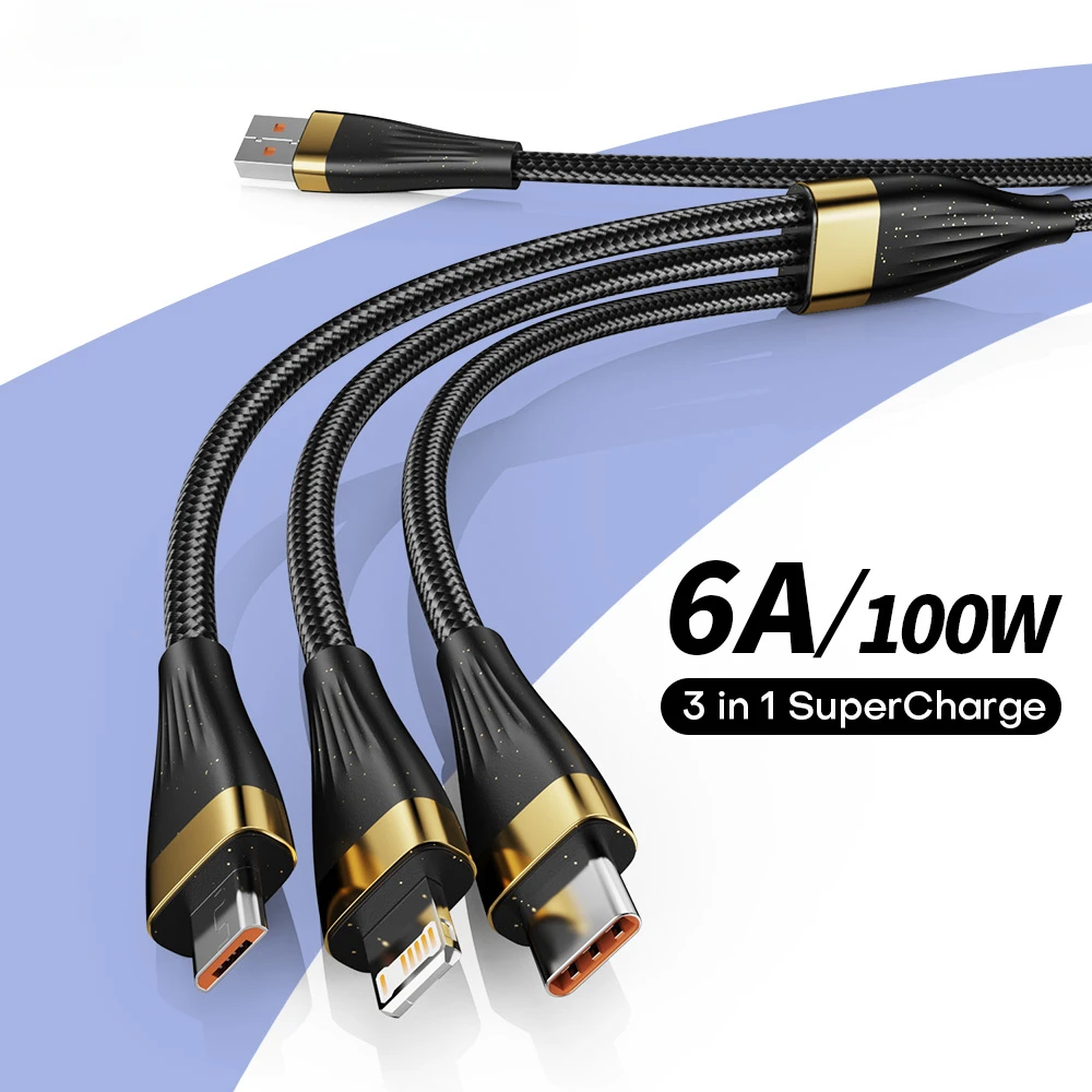 

GEFENIS 6A 100W 3 In 1 Super Fast Charging Cable For Huawei IPhone Micro USB Type-C Fast Charger Accessories USB Type-C Data Lin