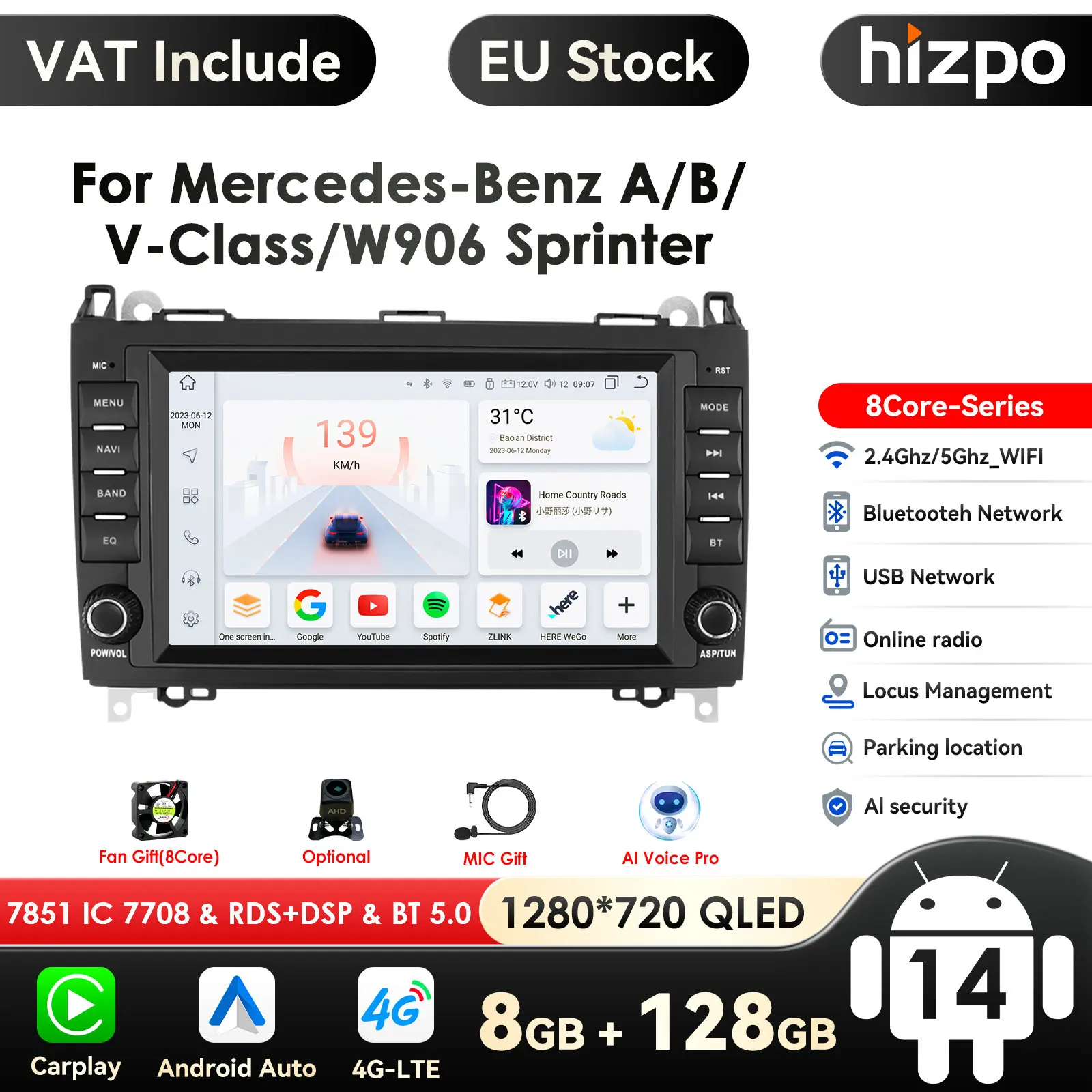 Autoradio Android Carplay, 4G, 8 ", 2DIN, GPS de limitation, Mercedes Benz Classe AB, B200, Wrational, W245, W906, Sprinter, W639, Vito, Viano, 7862