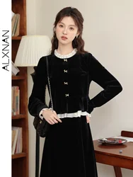 ALXNAN Black Fake 2 Piece Velvet Dress for Woman 2024 Autumn Winter Elegant Patchwork Long Sleeve Dress Sold Separately L33017