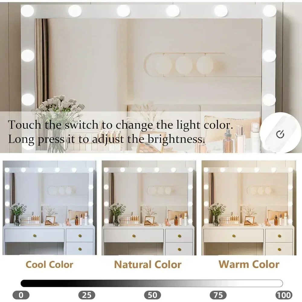 

- Туалетный столик для макияжа, зеркало с подсветкой, зарядка, белый стол 39,4 дюйма, 3 цвета, скрытые полки, 5 ящиков, табурет