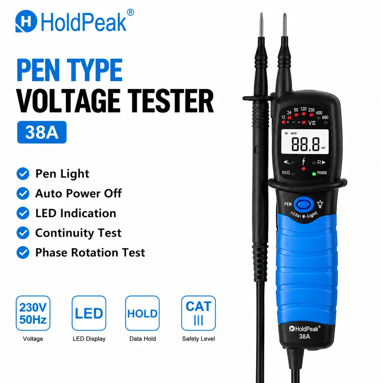Two-Pole Voltage Tester 12V-690V AC/DC – LCD Phase Rotation & Continuity Tester with LED, IP65 Waterproof, CAT IV 600V