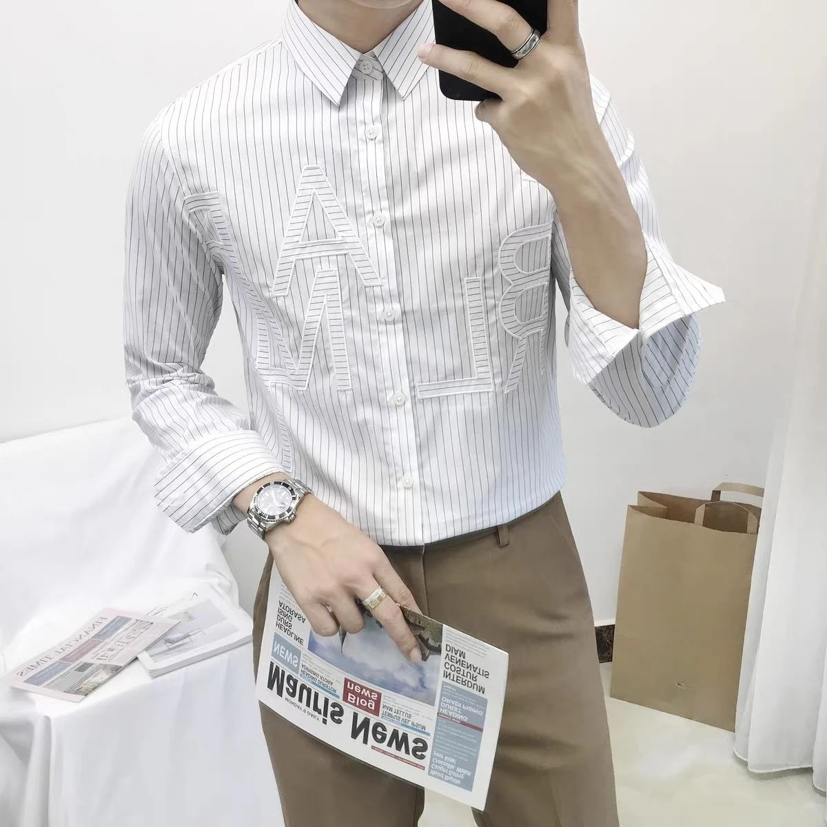 Men's Long Sleeve Striped Shirt Slim Fit Casual Blouse Spring Autumn New Arrival Letter Embroidery Design Versatile Fashion Top