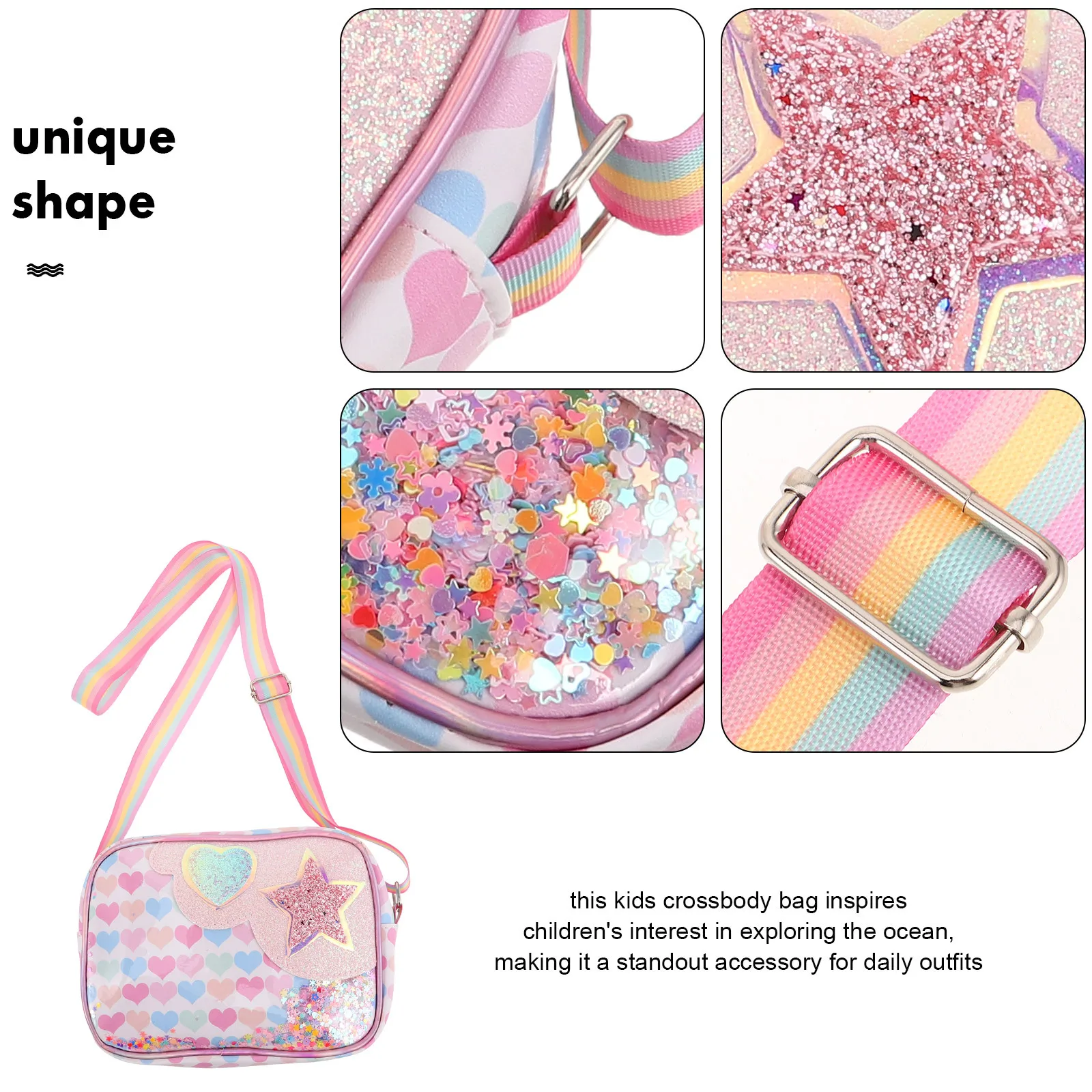 Glitter Crossbody Bag Adjustable Strap Ocean Theme Mini Purse for Girls Daily Use Party Kid Mini Handbag