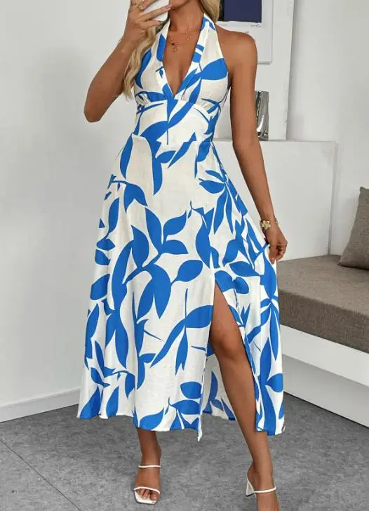 

2026 Women's Floral Print Seaside Vacation Style Dress Hanging Neck Backless Maxi Summer Gown for Women