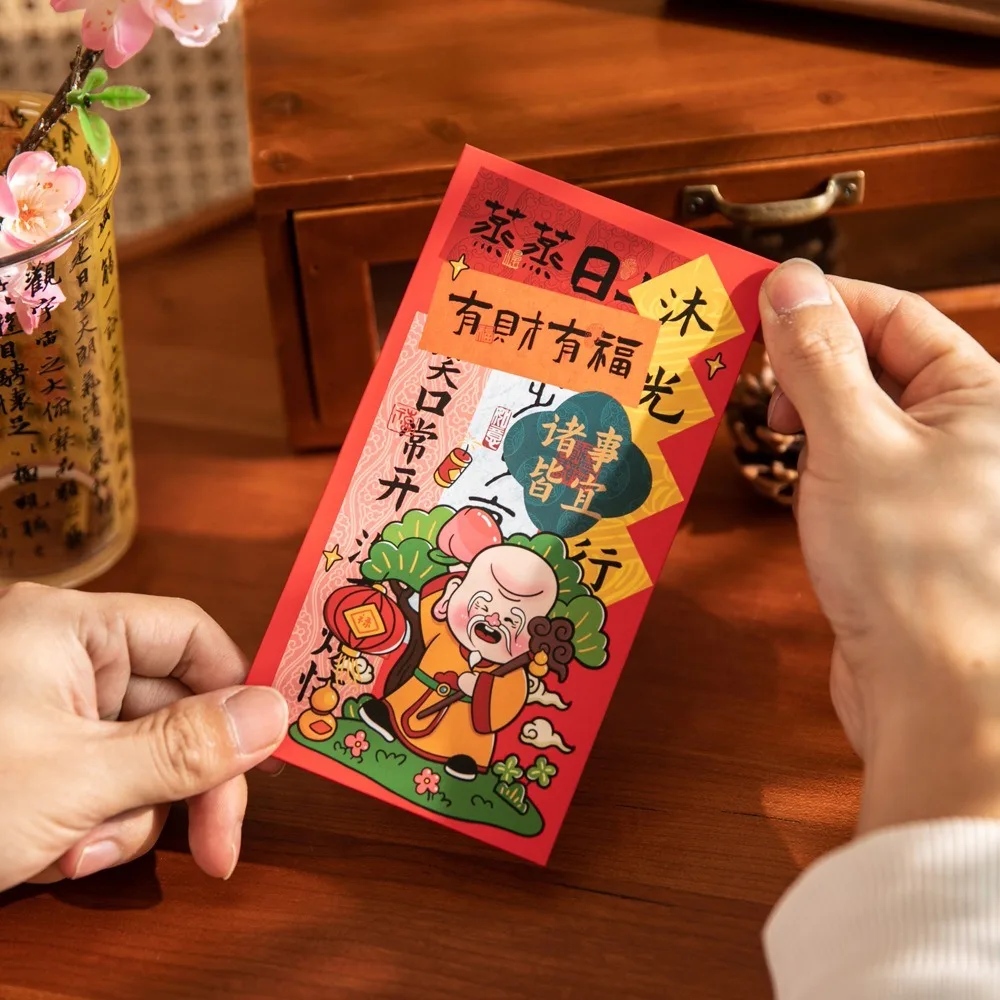 6PCS Chinese New Year Red Envelope Best Wishes Blessing Wealth God Money Envelope HongBao Spring Festival Lucky Money Pockets