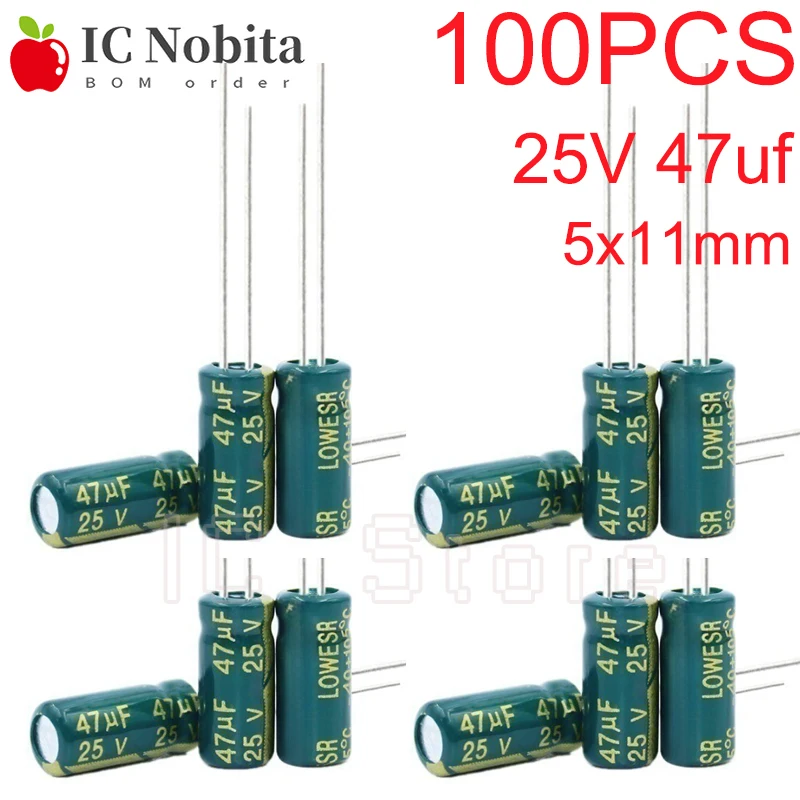 

100 шт. 25 В 47 мкФ конденсатор низкий ESR высокая частота 5x11 мм алюминиевый электролитический конденсатор 25 В 5*11