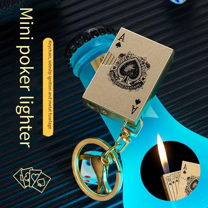 Mini Compact Poker Toys Metal Open Flame Butane Gas Lighter Side Slide Ignition Portable Key Locket Lighter Gadgets for Men