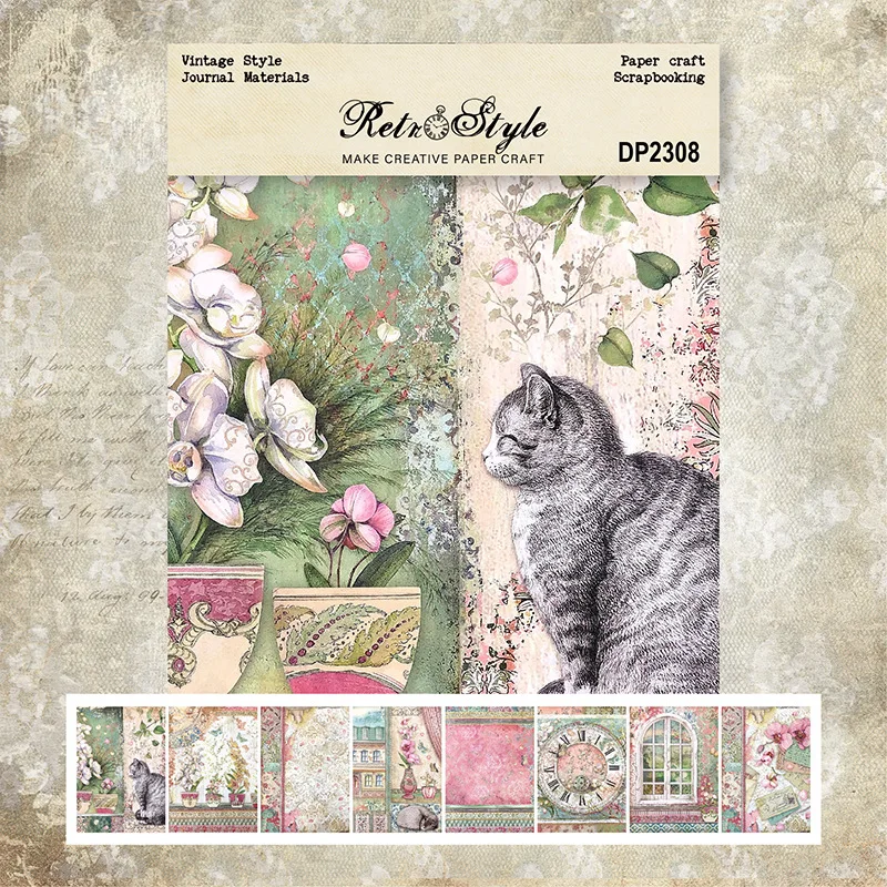 Vintage Garden Cat Orchid Clock Window Print Paper Scrapbook Journal Cardstock DIY Craft Album Decor Art Supplies