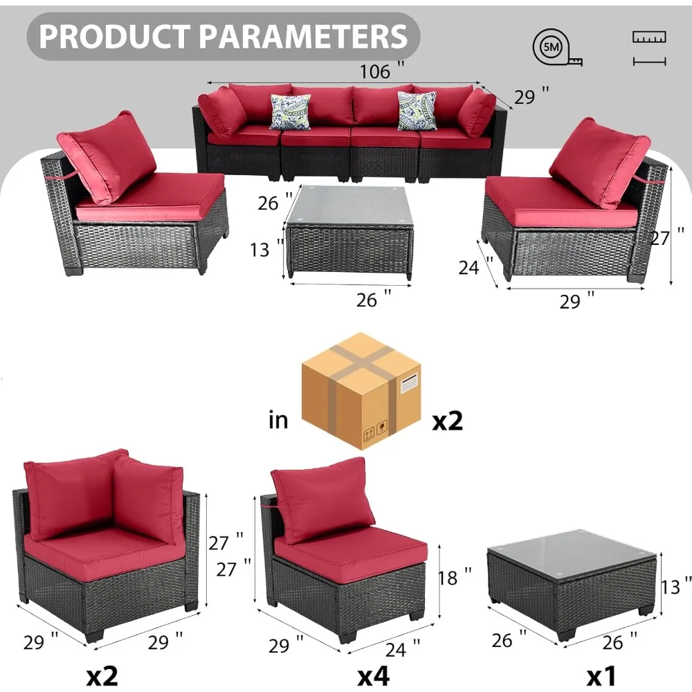 7 Piece Patio Furniture Set, All-Weather Wicker Outdoor Conversation Set with Sectional Sofa, Rattan PE Wicker Seating