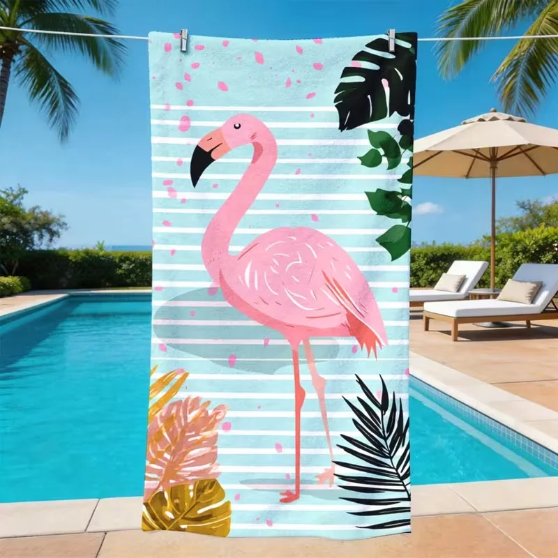 Toalla de playa con estampado de hojas tropicales de flamencos rosas, toalla suave, ligera y de secado rápido para vacaciones, natación, gimnasio, uso al aire libre