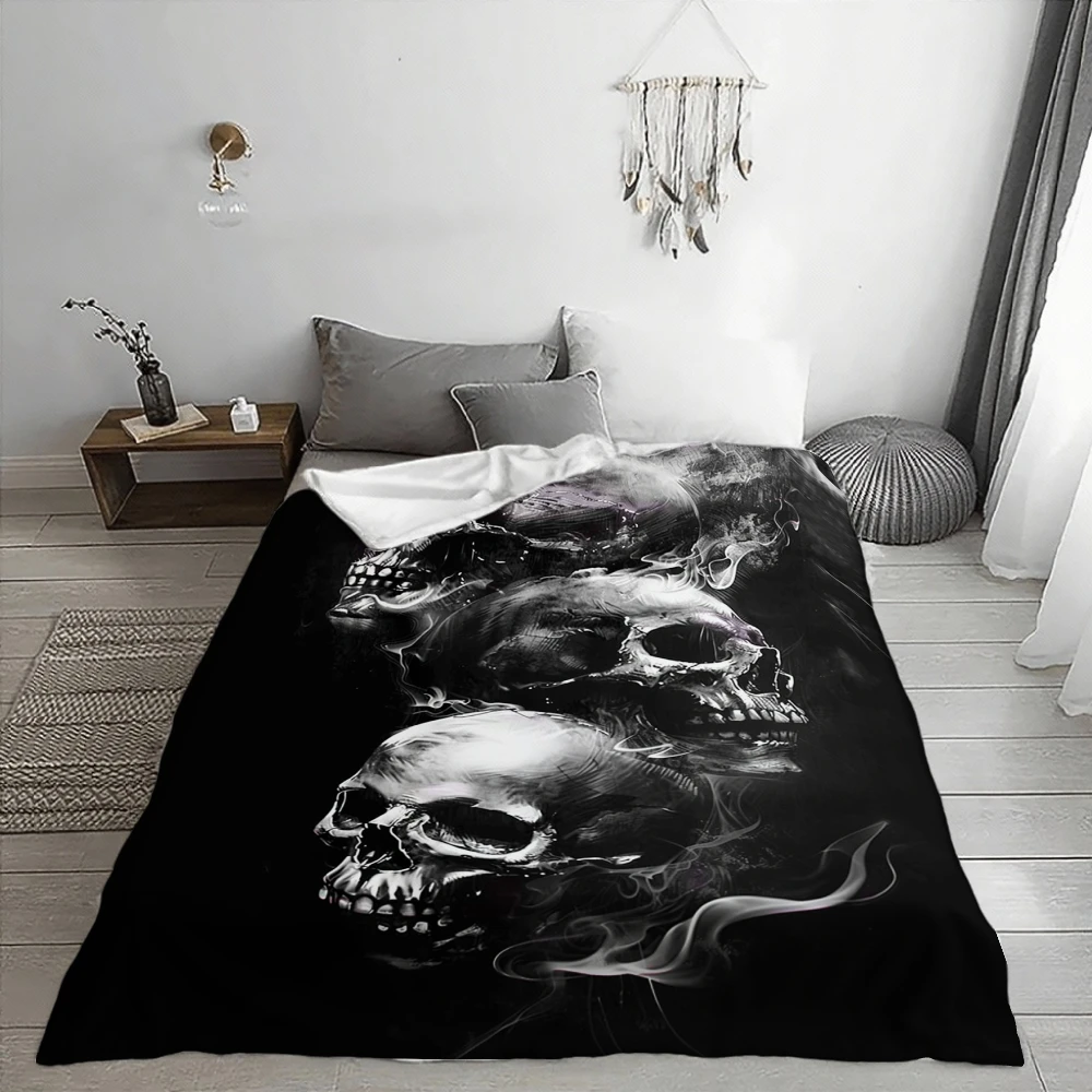 Smoky Skulls Design, Gothic Art Lover Gift, Soft Fleece Blanket, Monochrome Skeleton Print, Cozy Home Decor Throw, Multi-Purpose