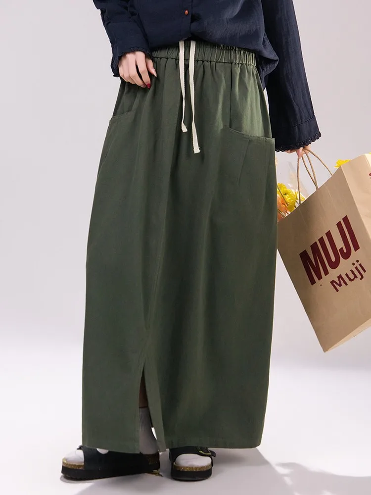Artisanal Workwear Style Military Green Modal Cotton Straight Cut Utility Skirt High Waist A-Line Spring 2026 Ladies Fashion