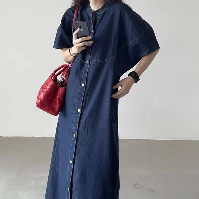 SuperAen Retro Niche Stand-up Collar Short-sleeved Denim Dress for Women Summer New Style Dress