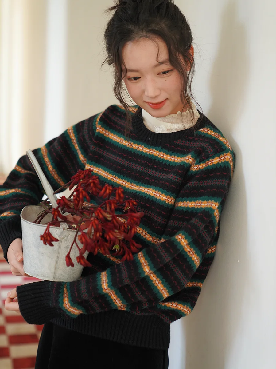 

Женский утепленный вязаный свитер Mouti в ретро-стиле с полосками, круглым вырезом, теплый пуловер для осени и зимы, модная повседневная одежда для девушек