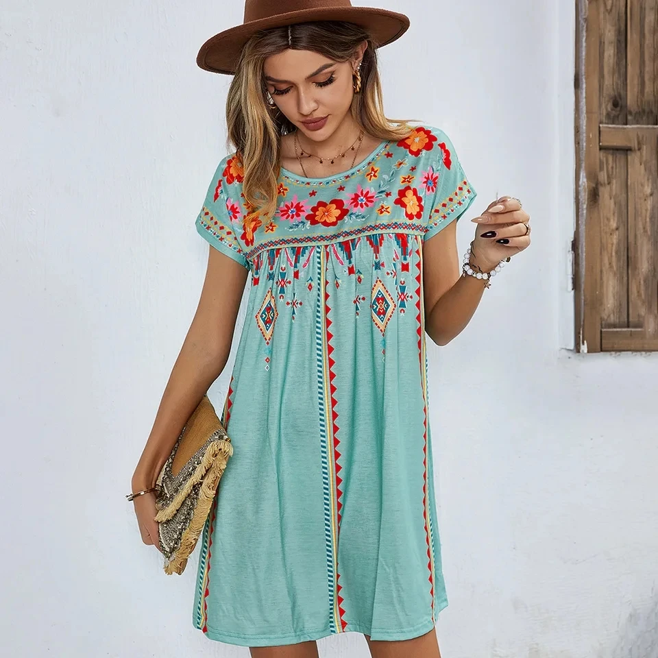 

2025 Summer Women New Loose Short Round Neck Short Sleeve Retro Printed Mini Dress Holiday Beach Vacation Style Loose Mini Dress
