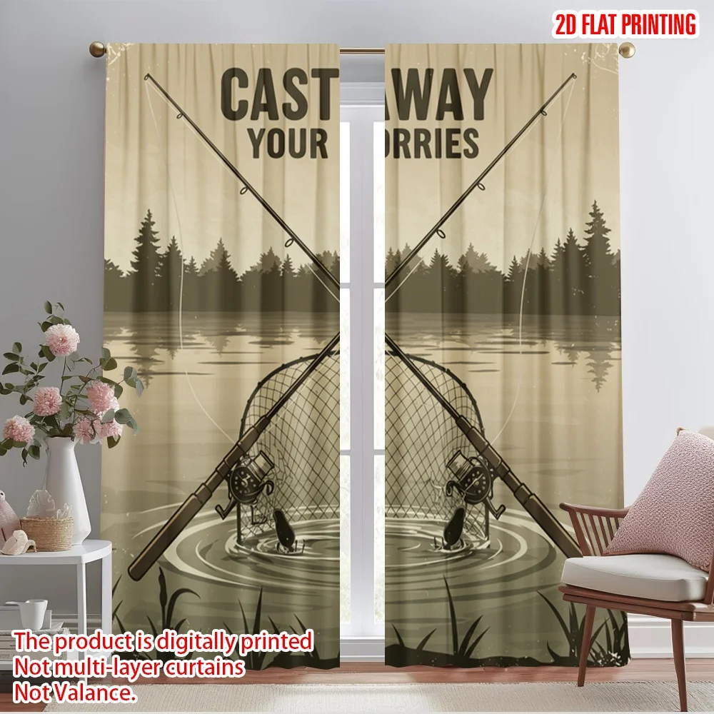 

2pcs 2D flat printing Curtain Cast Away Your Worries 100% Polyester Without Electricity Festive Wall Decor Perfect for Indoor