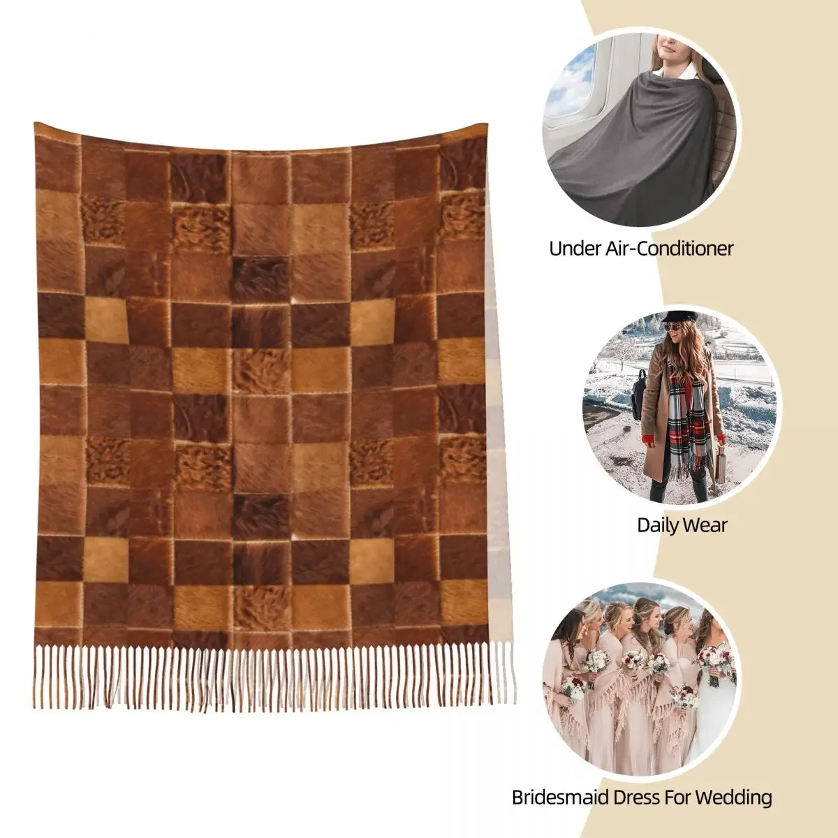 Brown Checkered Cowhide Patches Scarf Women Fall Winter Pashmina Shawl Wrap Animal Fur Leather Texture Large Shawl Scarf Ladies