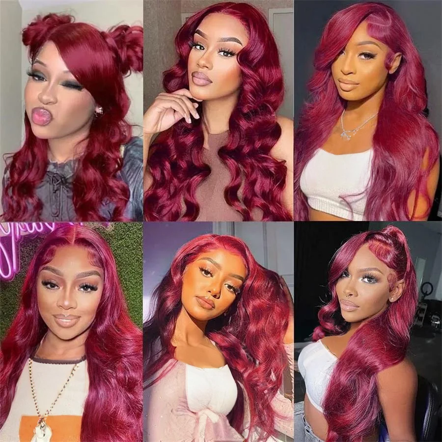 Ketebalan 250 99J merah anggur tubuh gelombang 13x4 Wig tanpa lem rambut manusia Wig siap untuk dipakai 7x5 renda Frontal Wig sebelum dipotong tanpa lem untuk wanita