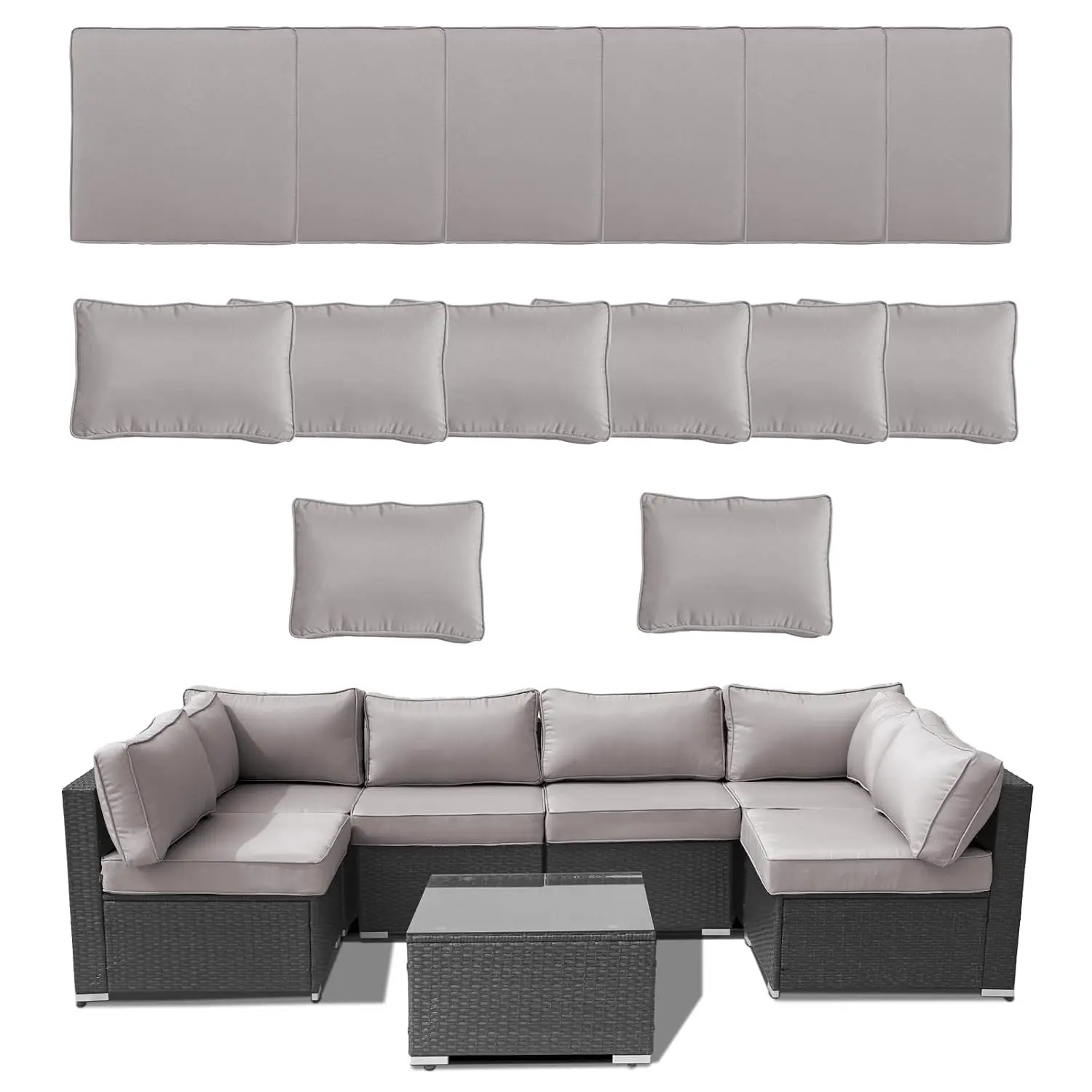 14Piece Outdoor Sofa Cushion Replacement Patio Furniture Waterproof Cushion with Zippers Fit 6-Seat Outdoor Wicker, Customized