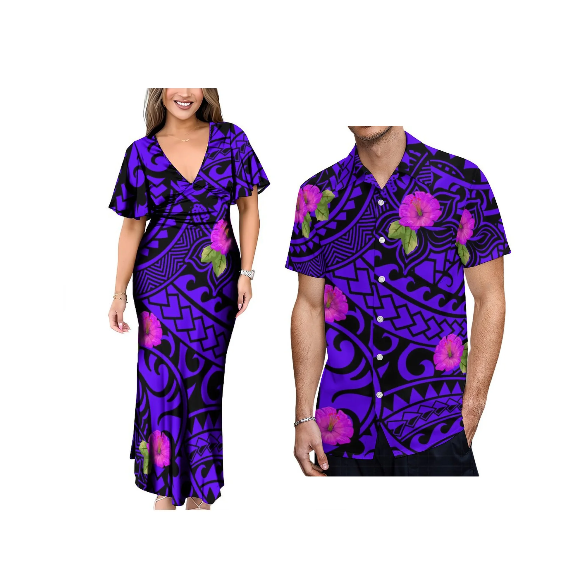 Grande taille dos cou cravate Sexy longue robe personnalisée polynésienne Tribal dames robe de soirée Match Aloha hommes chemise décontractée Couple vêtements