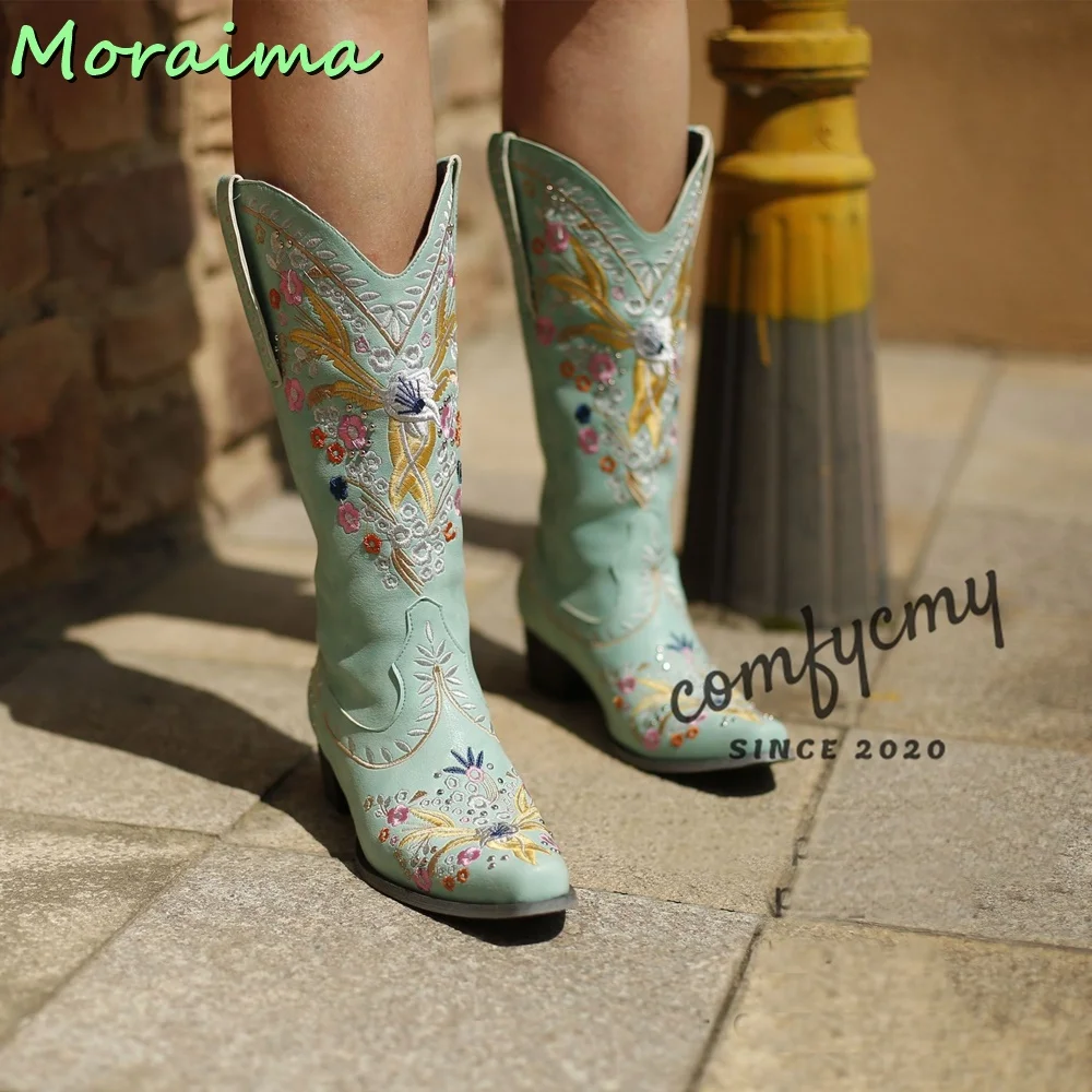 Ethnic Style Embroidery Mid Calf Boots Women Pointed Toe Slip On Designer Cowboy Boots Block Mid Heel Vintage European 2023 New