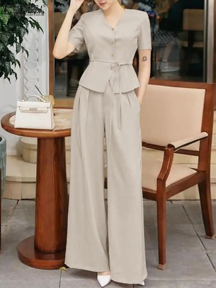 2024 ZANZEA Fashion Women Commute Work Pants Sets 2PCS Summer Elegant V Neck Short Sleeve Tops Trousers Suits Solid Tracksuit