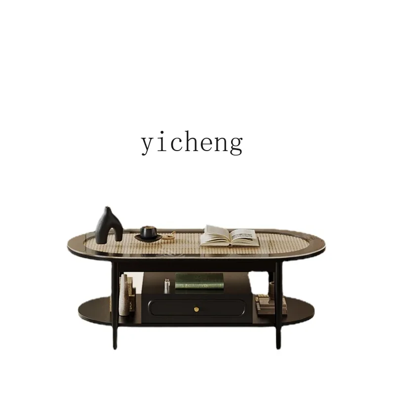 

Zc Retro Style Rattan Oval Tea Table New Small Apartment Living Room Home Mid-Ancient Multi-Functional Black Tea Table