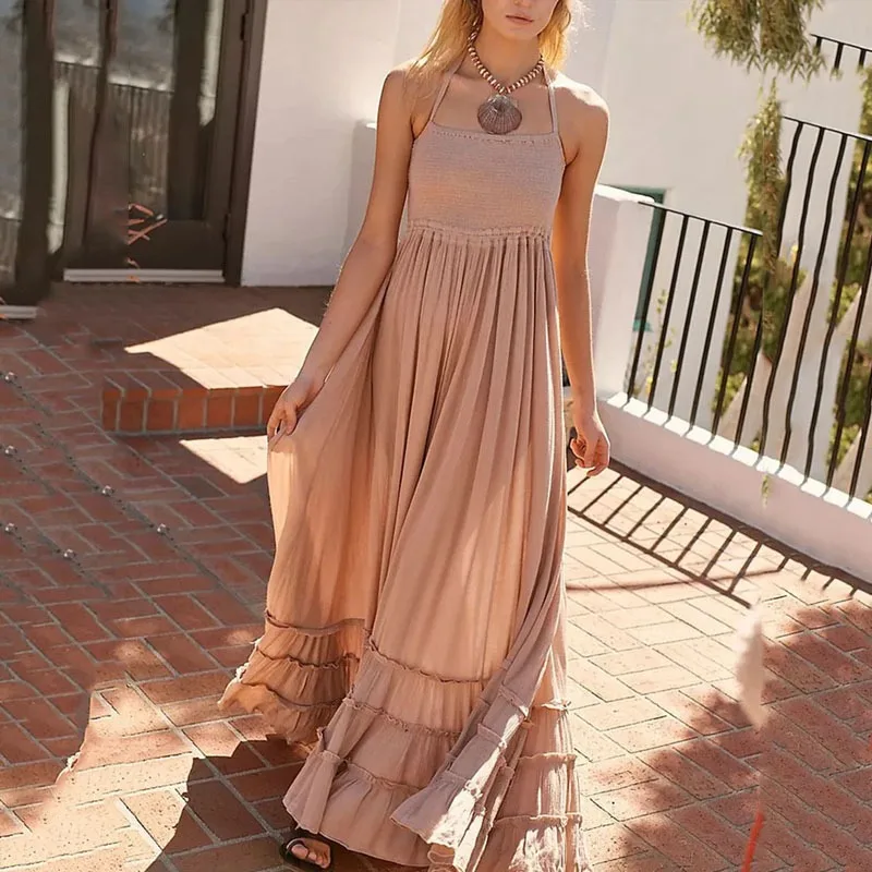 

Summer new fashion casual sexy backless solid color loose pleated hanging neck stacked ruffled dresses