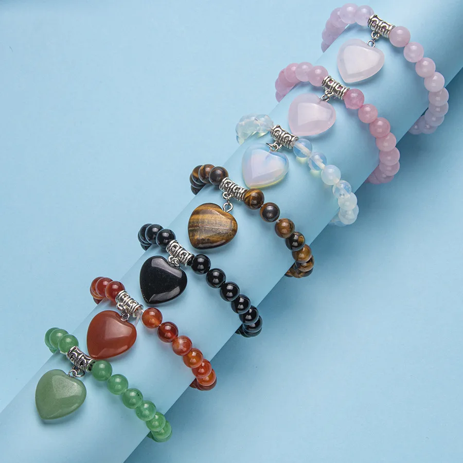 

Colorful Natural Stone Crystal Heart Stretch 8MM bracelet Semi-Precious Crystal Jewelry (Couple jewelry)