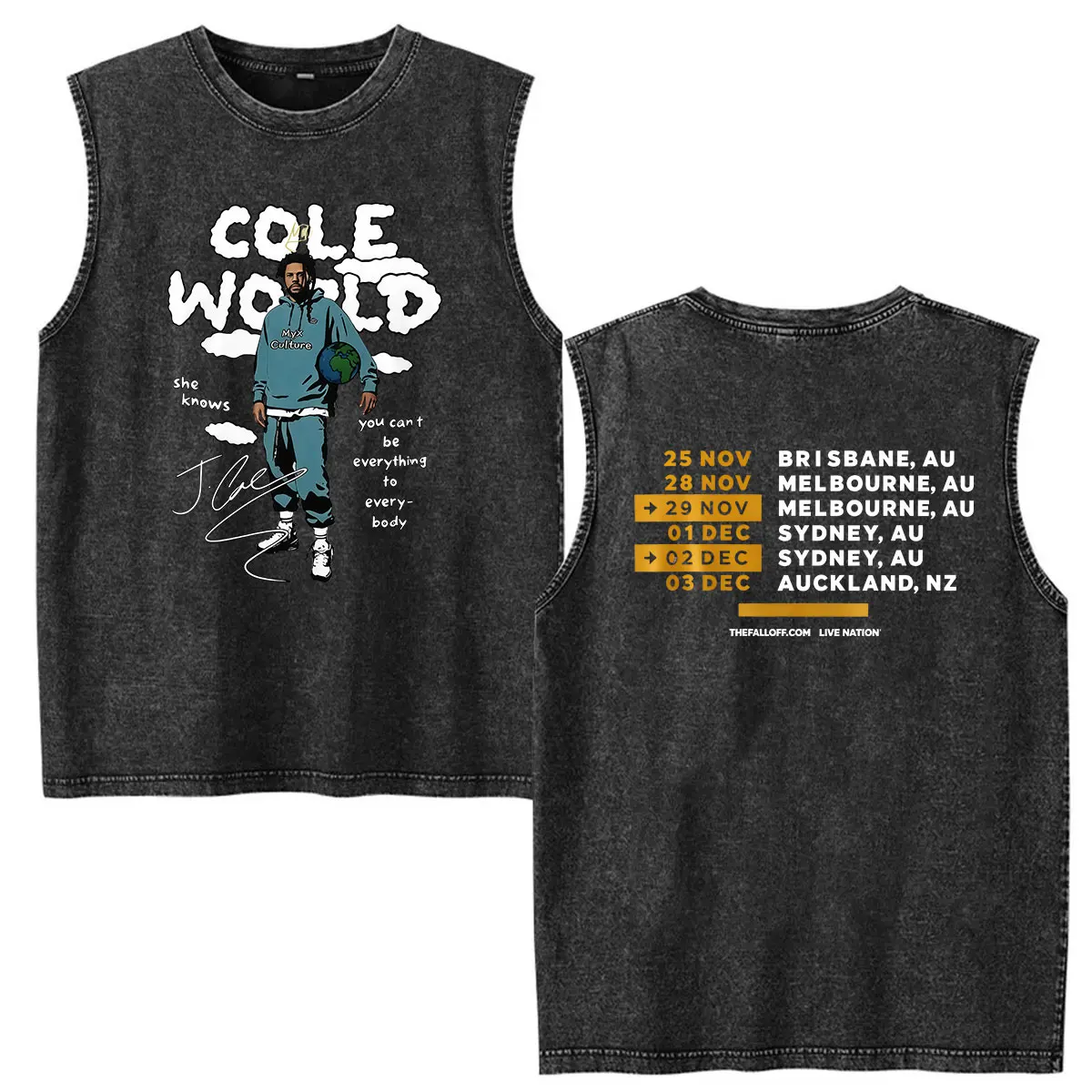 J.Cole The Fall Off Tour 2026 Washed Vest T Shirts Men's Vintage Tank Top Short Sleeve T-shirt Man Hip Hop Gothic Clothing Tees