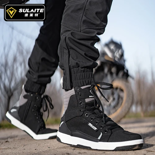 Imagen 2 del producto Botas de moto para hombre, zapatos informales transpirables anticaída para carreras de carretera, botas para cambio de marchas, suela de goma, zapatos reflectantes para moto