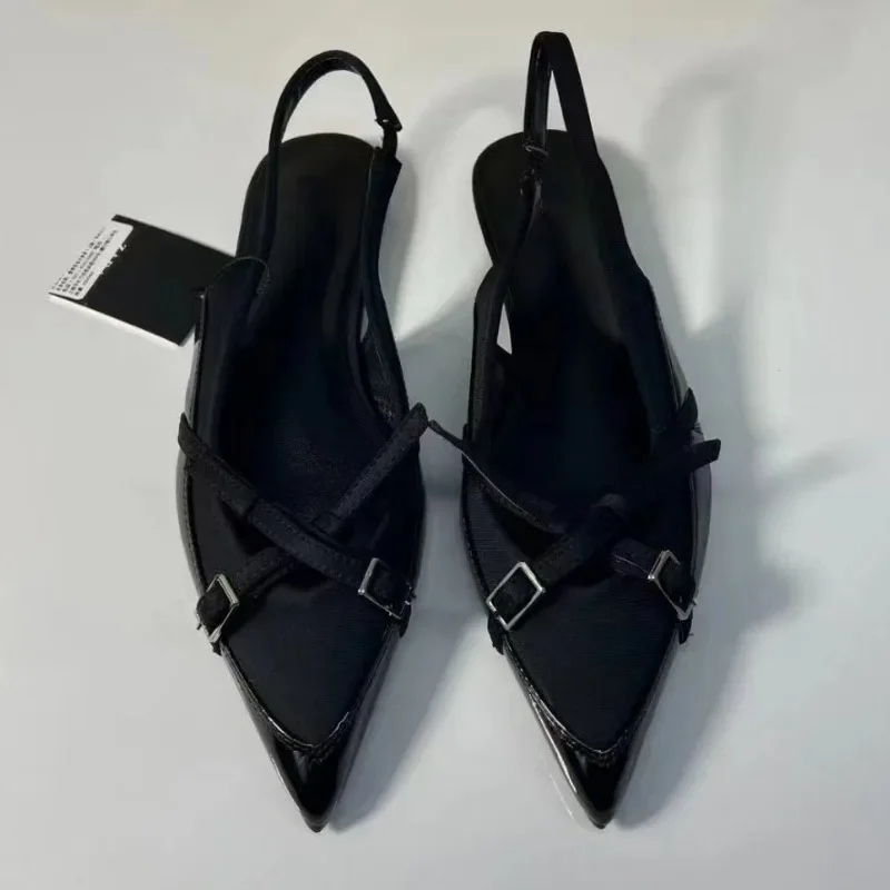 Ballerines Astronomiques en Cuir Noir pour Femme, Chaussures de Ballet Pointues, Mules à Bretelles Croisées, Nouvelle Mode