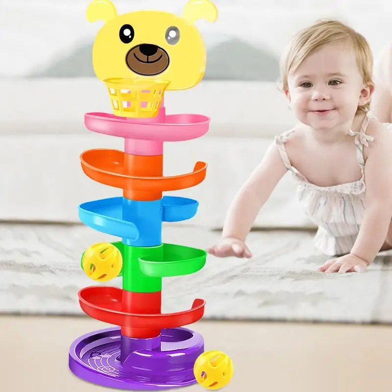 Ball Drop Tower 6 Layers Cute Stacking Tower Toy With 5 Rolling Balls Educational Preschool Learning Games Detachable Portable