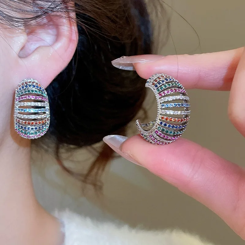 

Minar Exquisite Rainbow CZ Cubic Zirconia Hollow Out Chunky C Shaped Stud Earrings for Women Silver Plated Copper Party Jewelry
