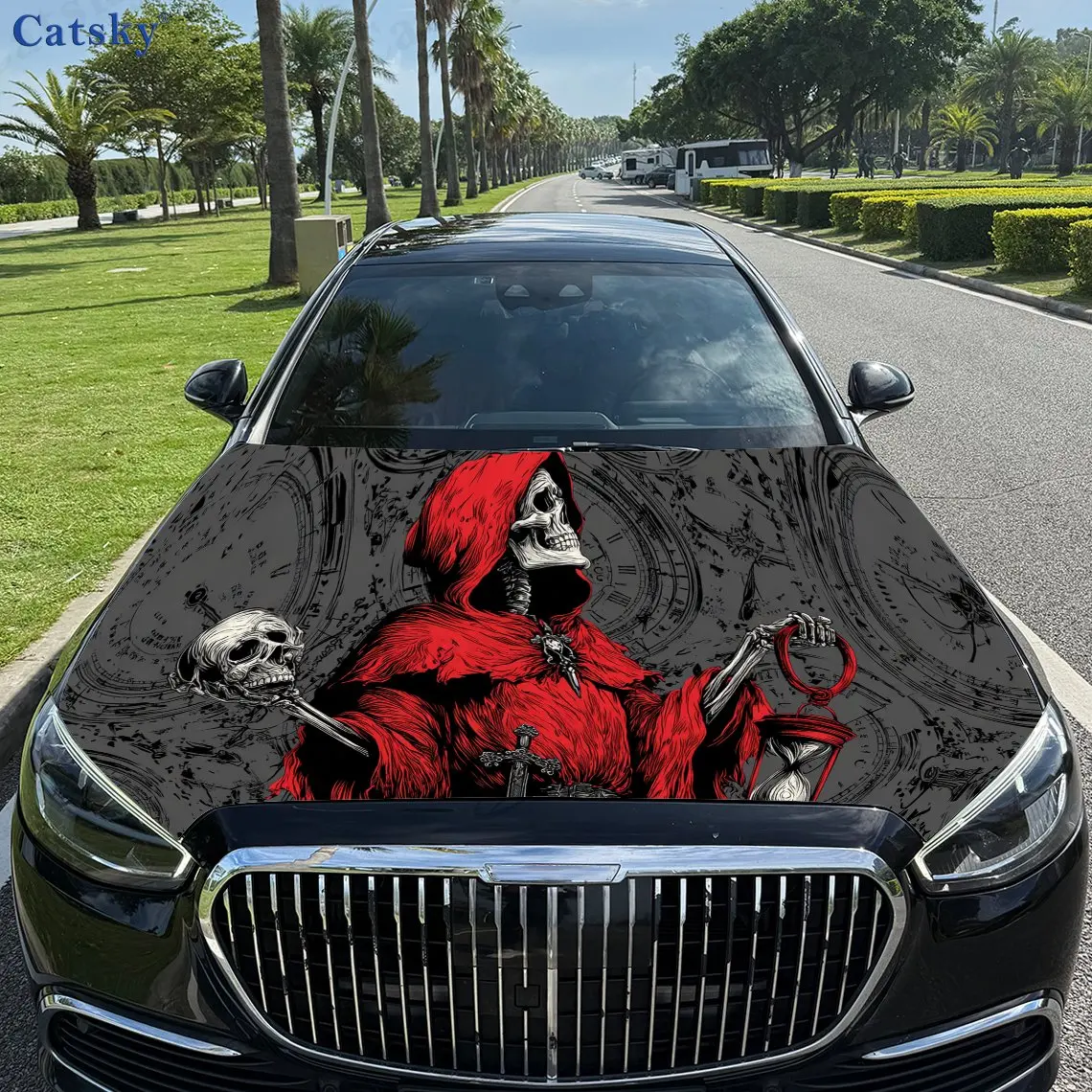 

Dark Dignity Red - robed Grim Reaper PVC Car Vinyl Wraps, Self-Adhesive Waterproof Car Hood Decal Sticker, Car Decoration Protec