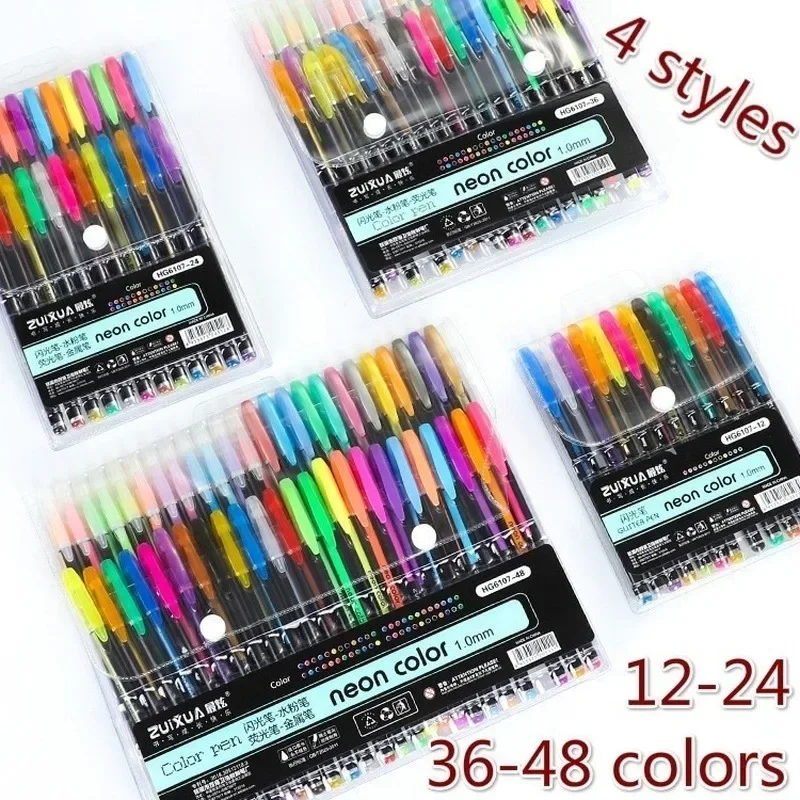 12-24-26-48 Uds. Bolígrafos de Gel para estudiantes, bolígrafo con purpurina, bolígrafos de colores para dibujar, Base para marcadores, suministros de pintura adecuados para artistas