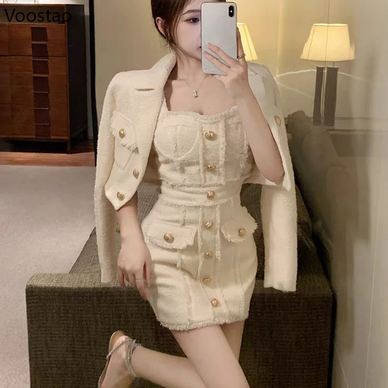 Elegant Vintage Dress Two Piece Set Women Casual Chic Short Jackets Mini Dress Suits Female Korean Fashion Tassel Party Outfits