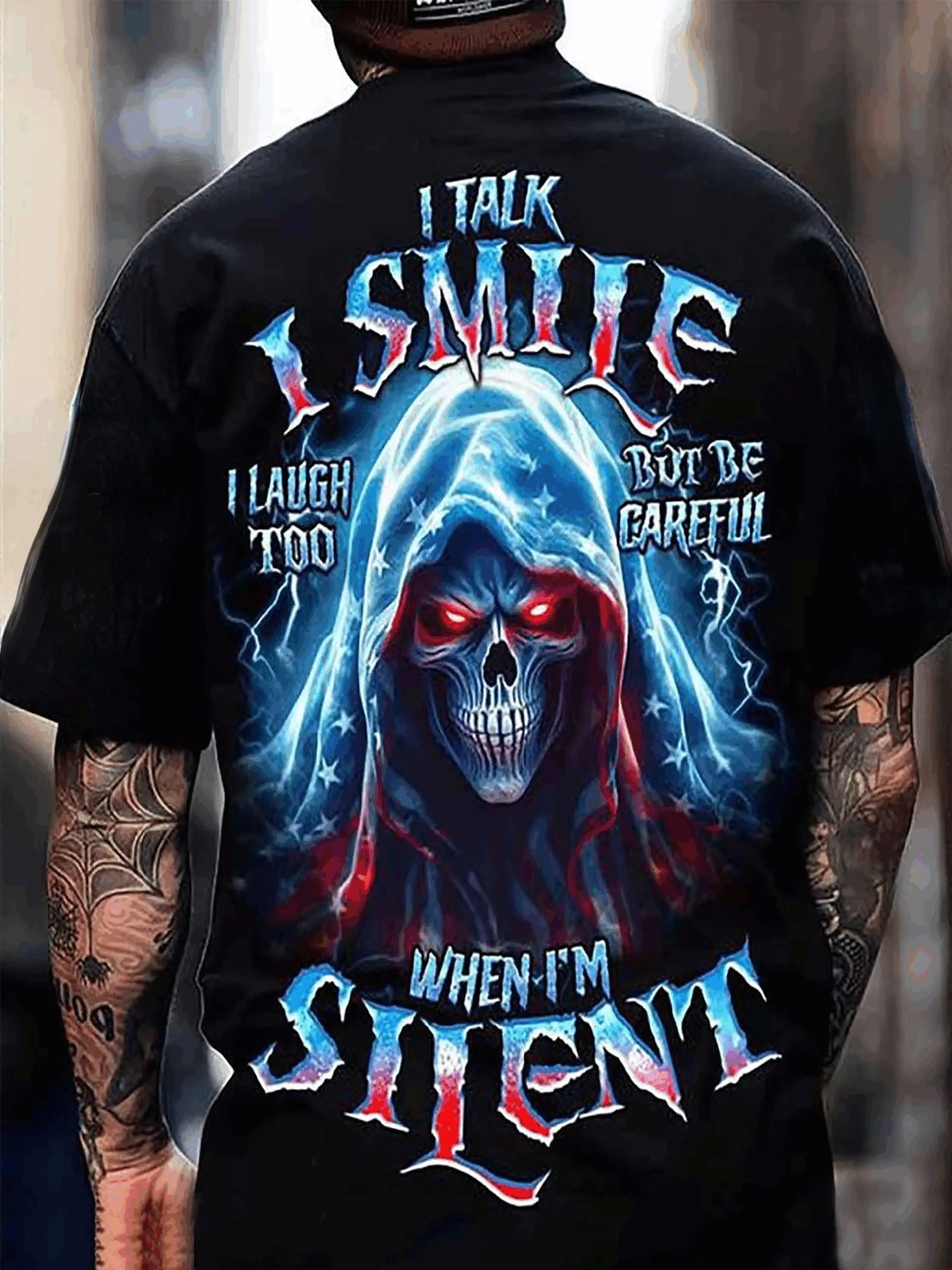 Men's 3D Digital Printing T-Shirt - 100% pure cotton regular short-sleeved, imposing skull lightning pattern on the back